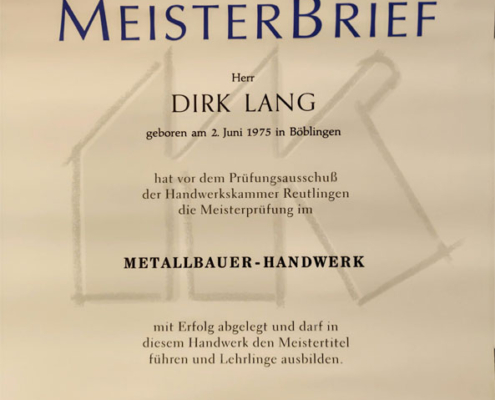 Meisterbrief Dirk Lang, Metallbau-Handwerk